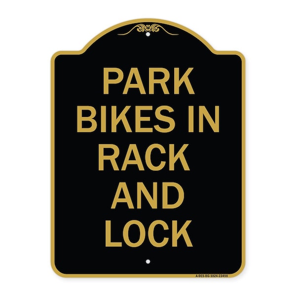 Signmission Park All Bikes in Rack and Lock Sign, Black & Gold Aluminum Sign, 18" x 24", BG-1824-23498 A-DES-BG-1824-23498 - main